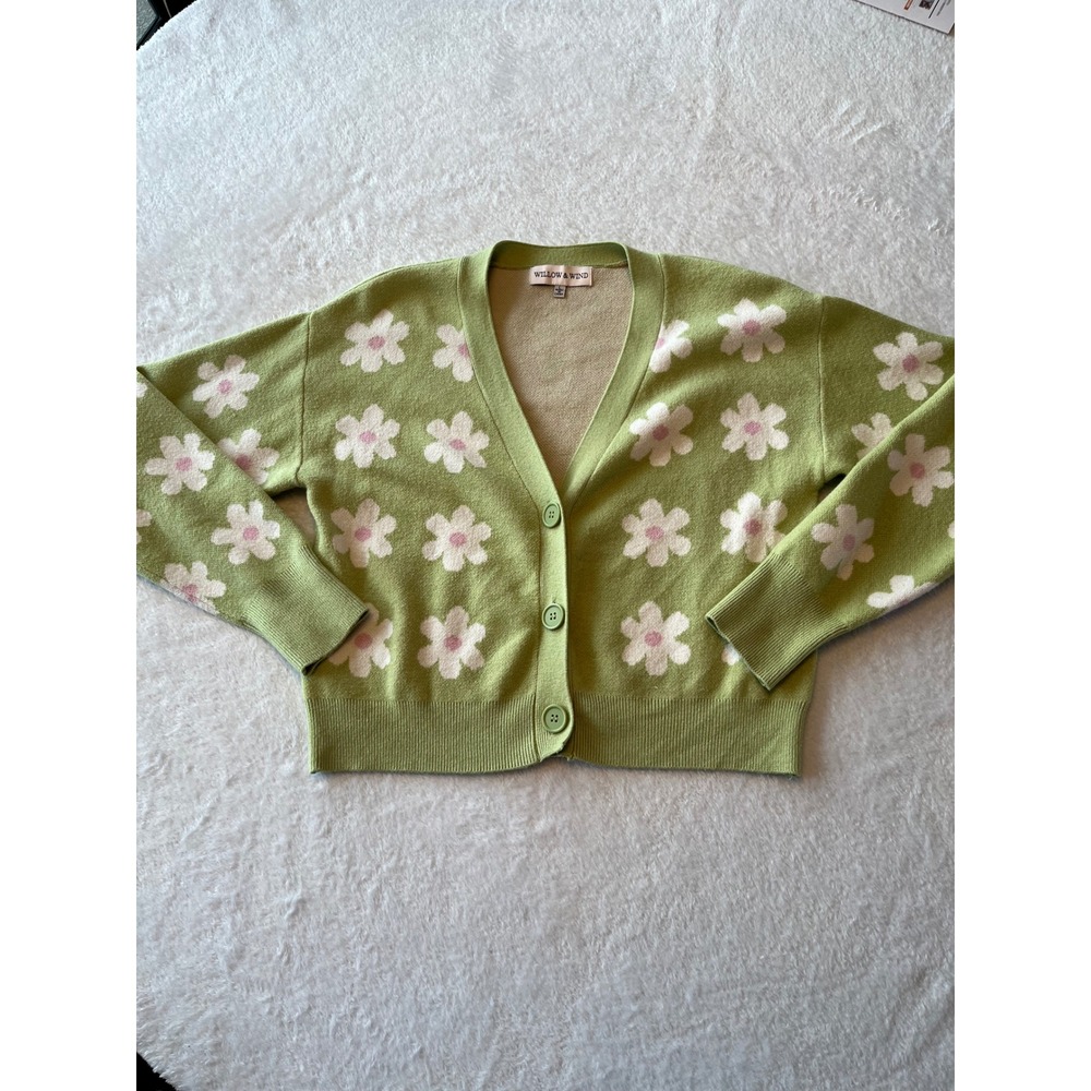 Willow & Wind Green Daisy Flower Cardigan Sweater Women's Size L‎